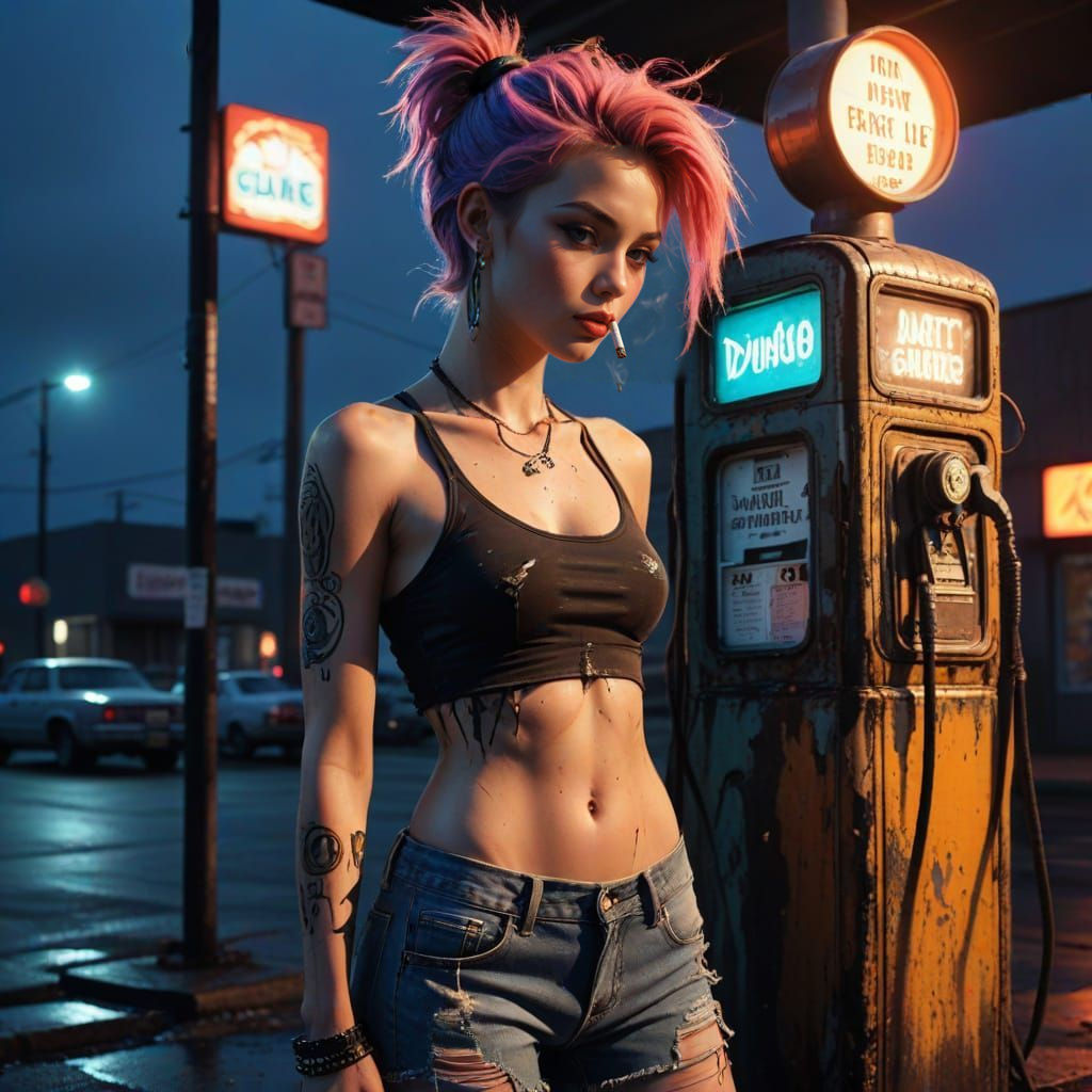 Tough Chick Leans Against Gas Pump in Cartoon Caricature Sty...