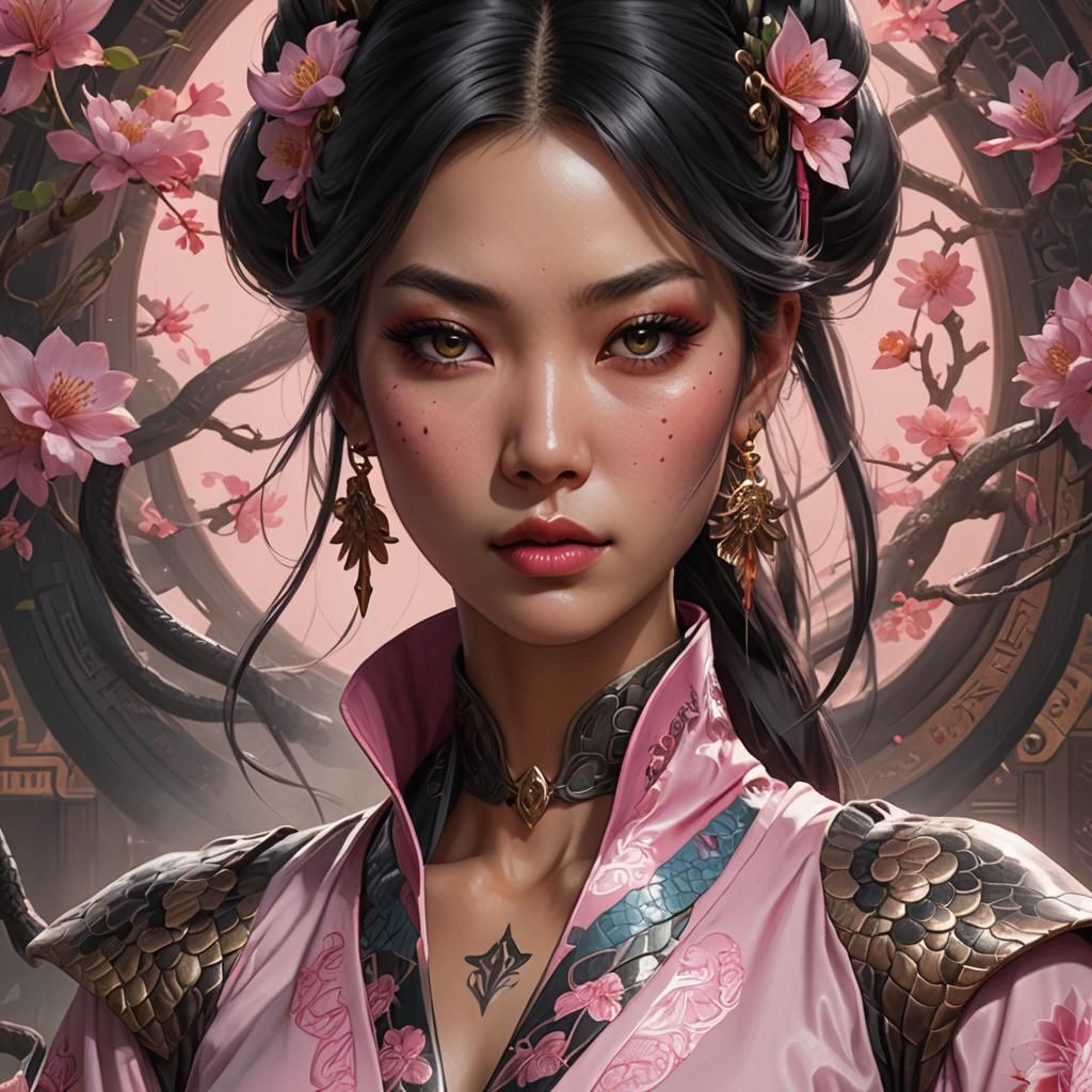 Asian Girl Portrait with Snake Eyes in Hyperdetailed Style