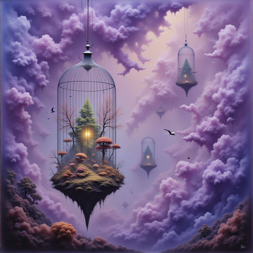 Surreal Floating Birdcages with Enchanted Forests in Etherea...