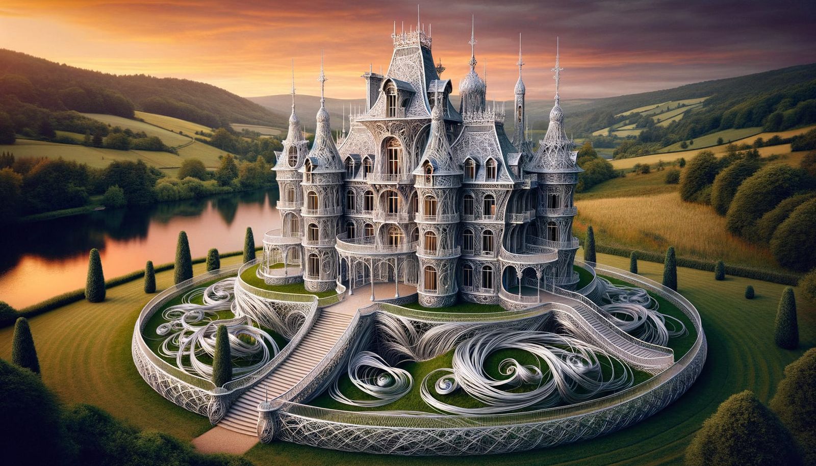 Intricate Wire Chateau at Sunset