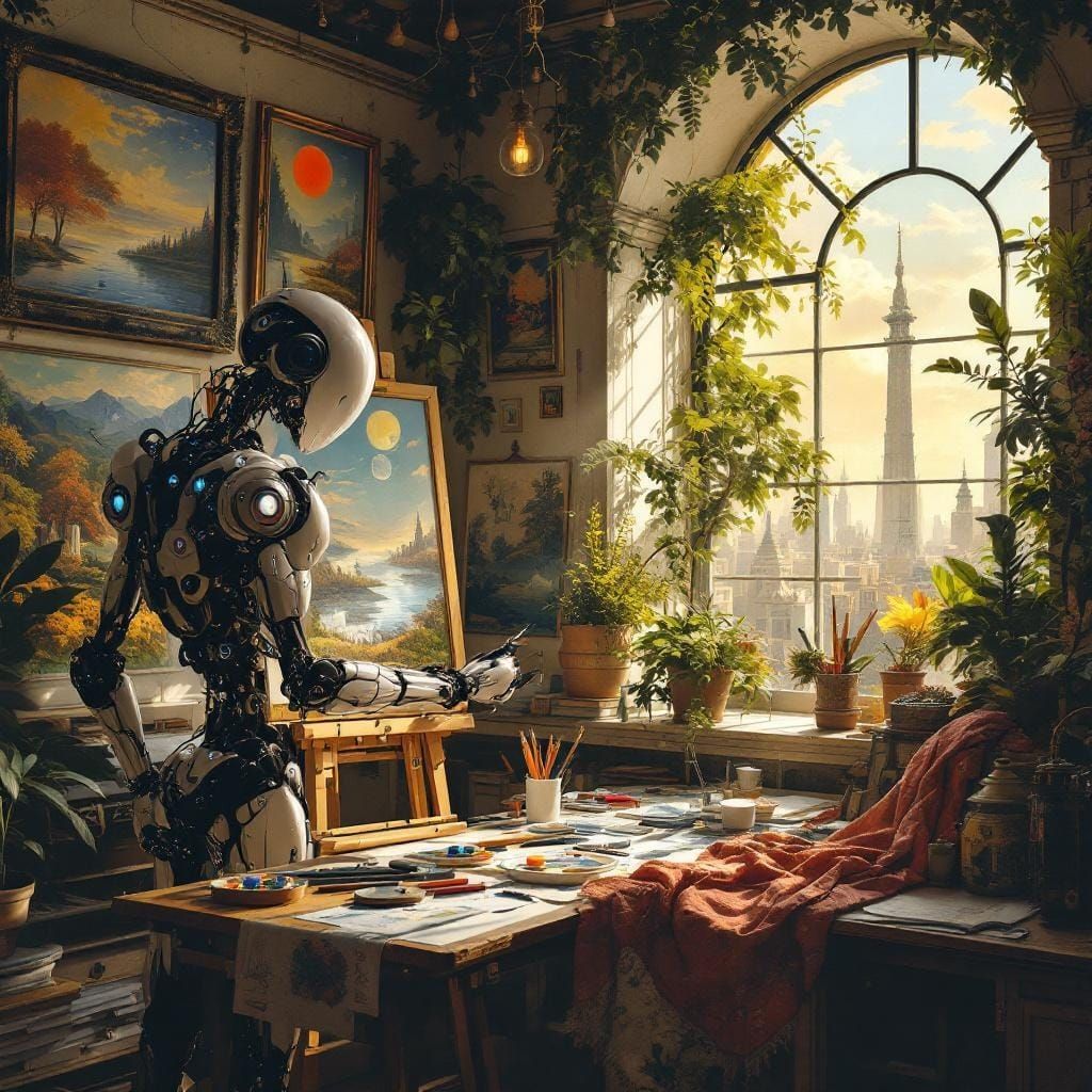Robot Artist in Whimsical Atelier, Masterpiece