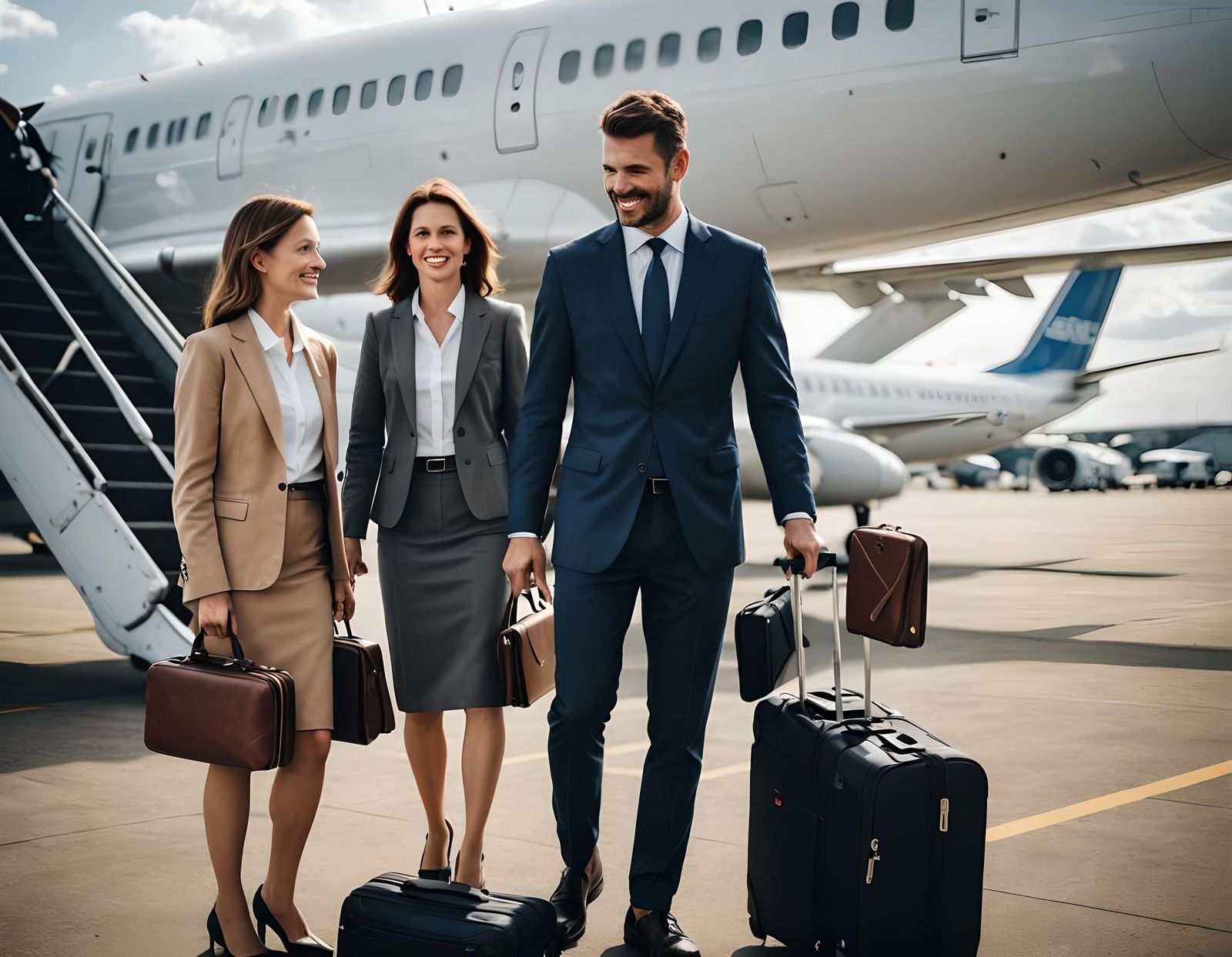 Executive Travelers Boarding Plane with Luggage