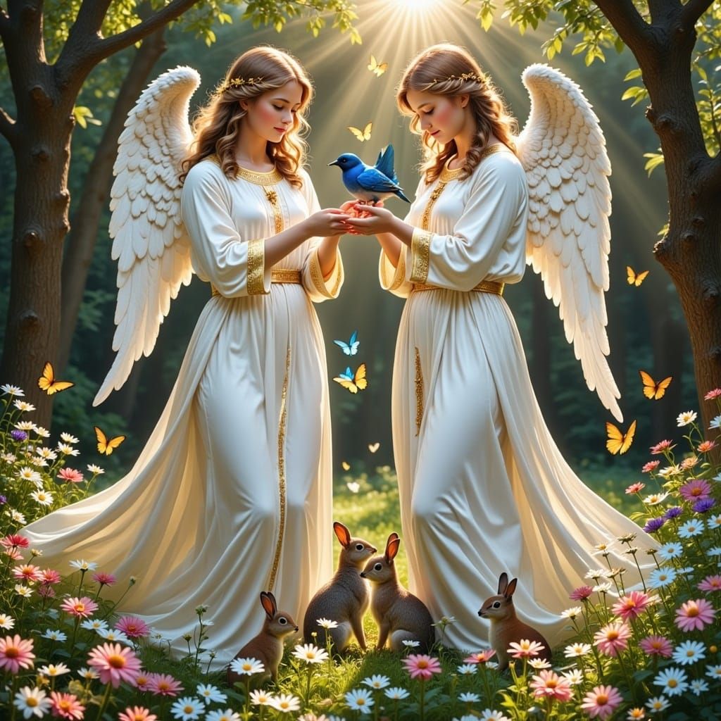 Angels in Forest Clearing in Ethereal Style