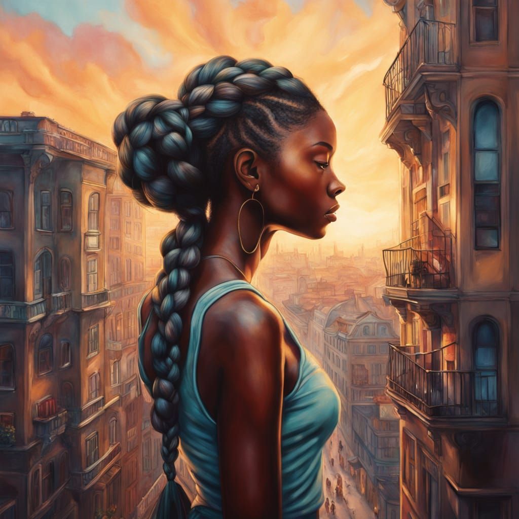 Woman Braiding Hair on Building in Airbrush Style