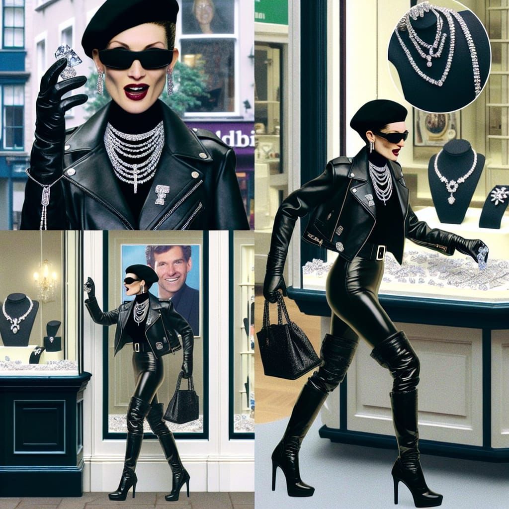 Woman in Leather Robs Jewelry Store