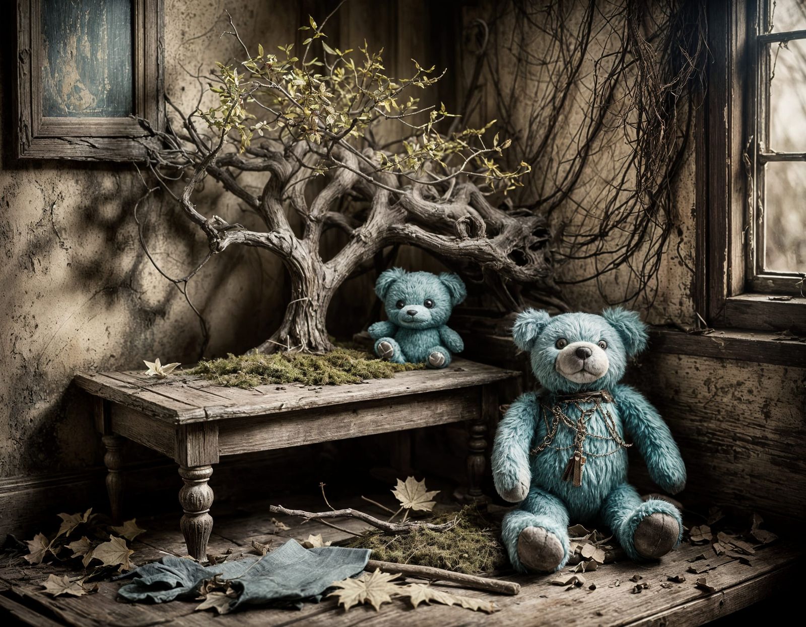 Antique Plush Toy in Abandoned Room: Wet Plate Collodion