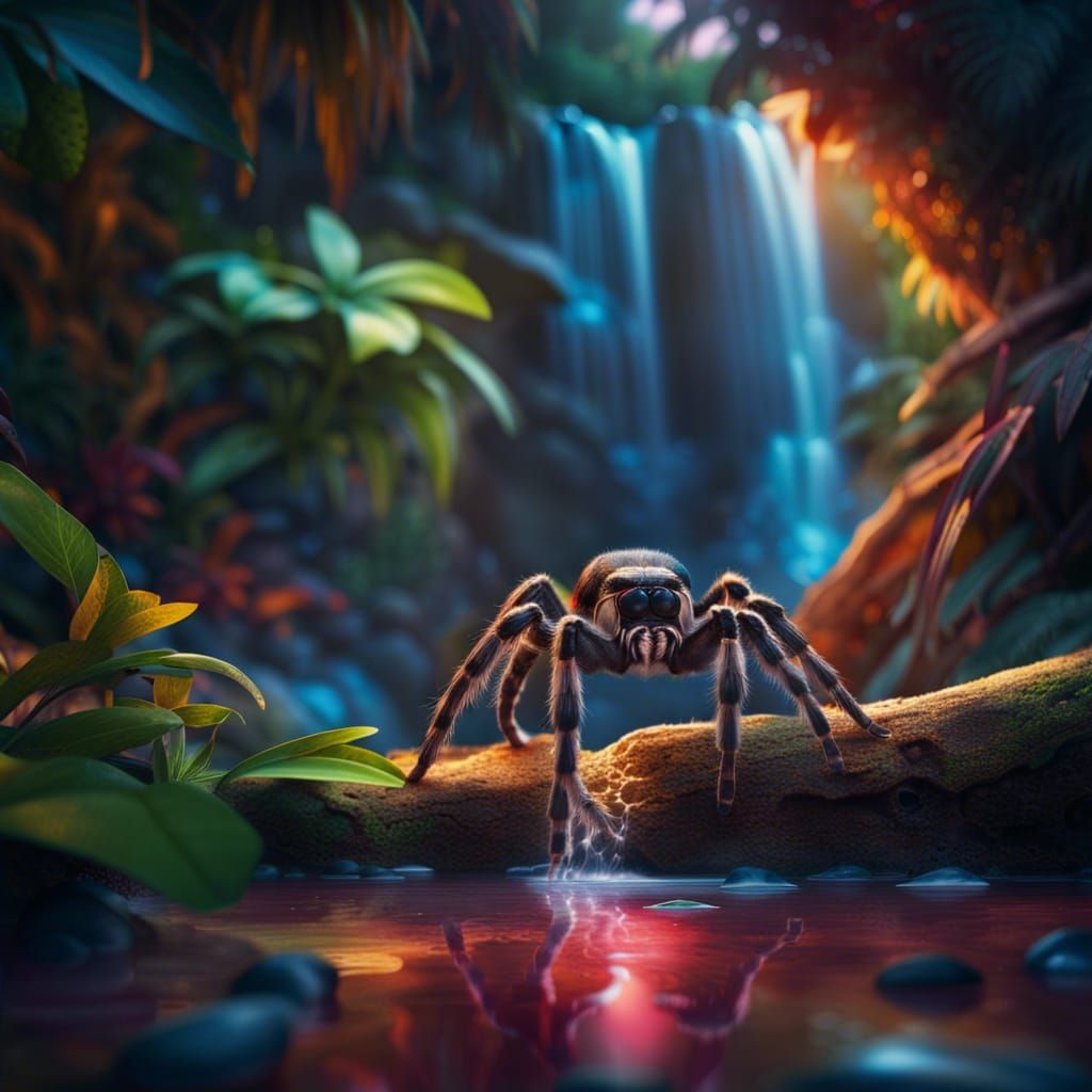 Photorealistic Tarantula with Tropical Waterfall Sunset