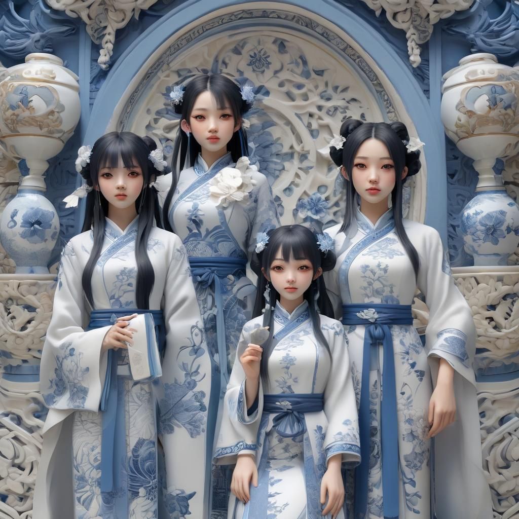 Porcelain Schoolgirls: 3D Anime Art in Pastel Hues