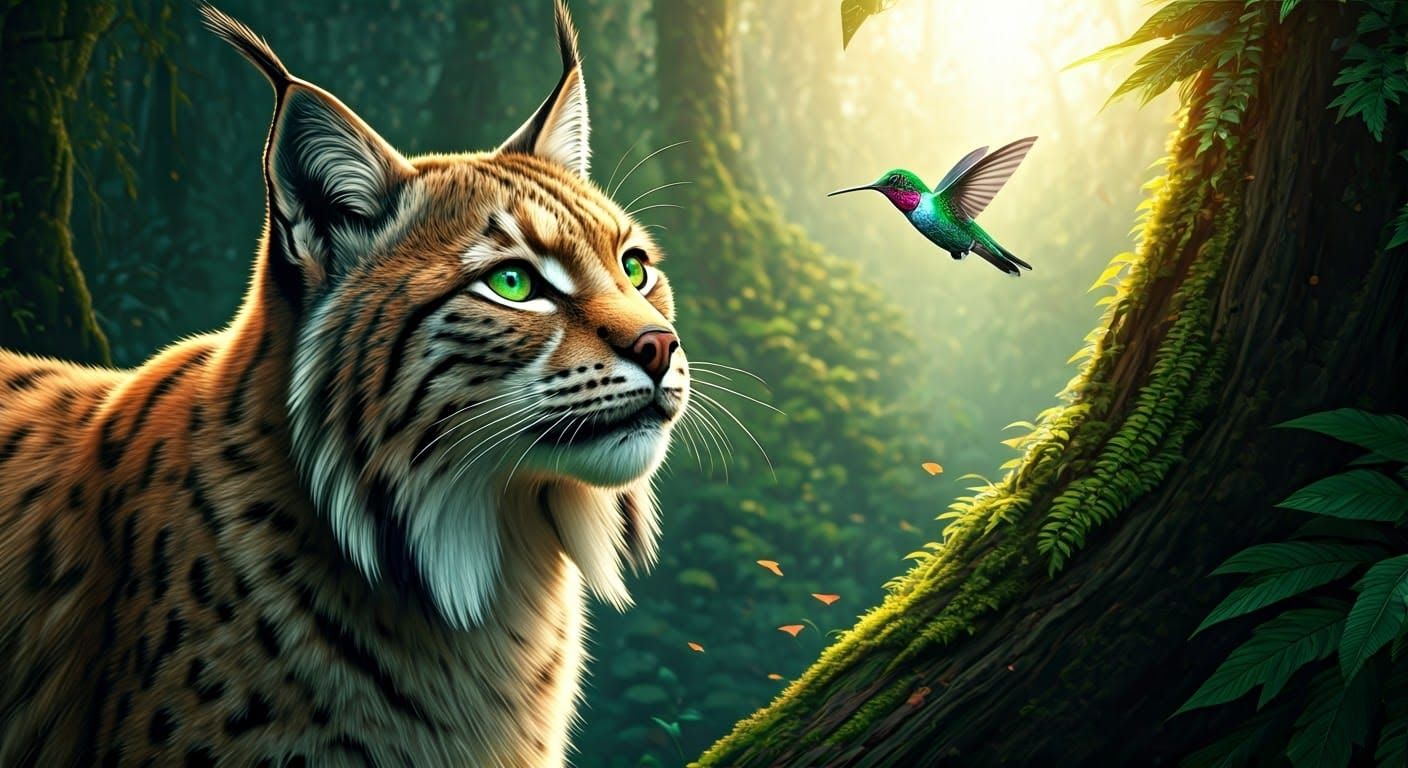 Lynx and Hummingbird in Hyperrealistic Concept Art
