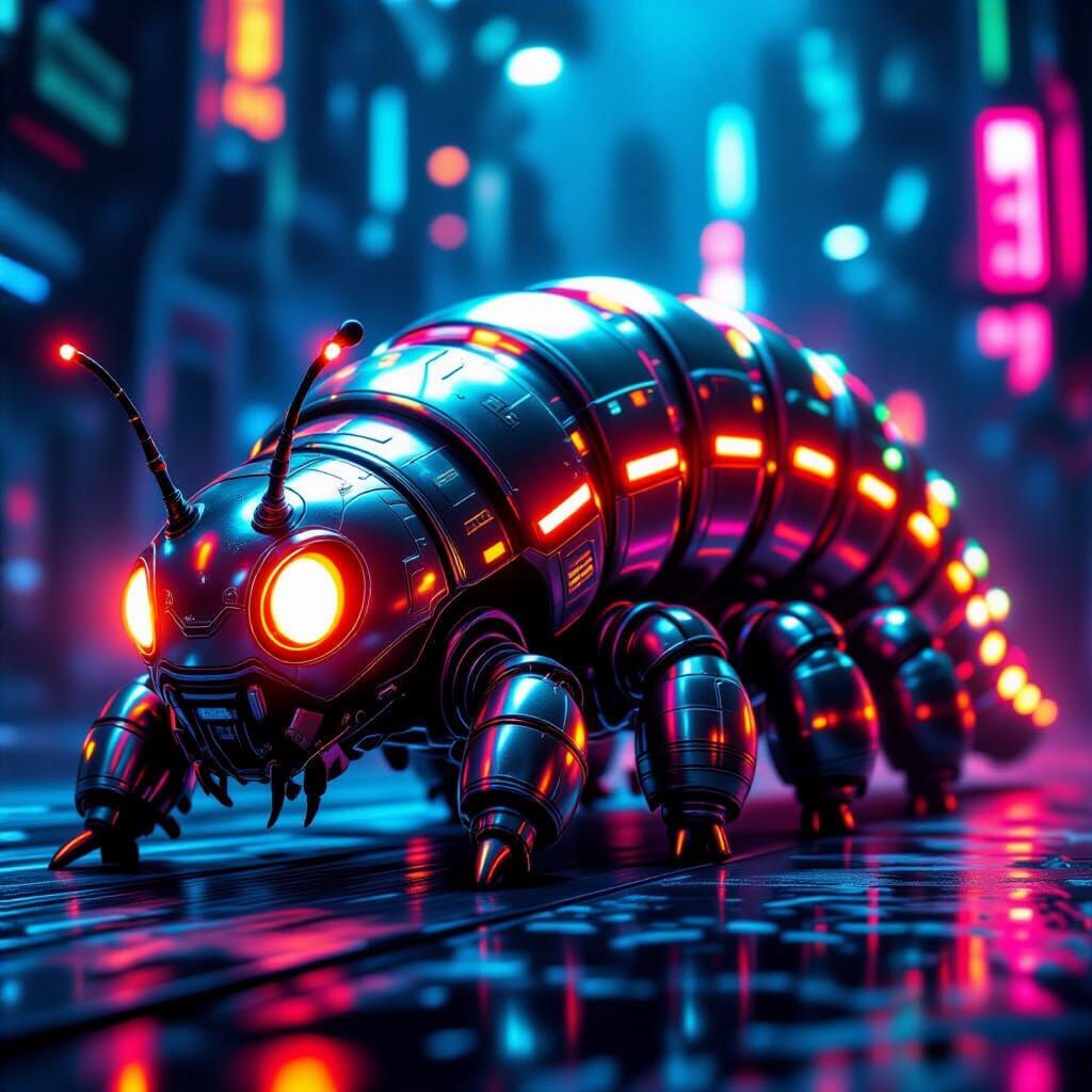 Cyberpunk Robot Caterpillar with Neon Lights in 4K