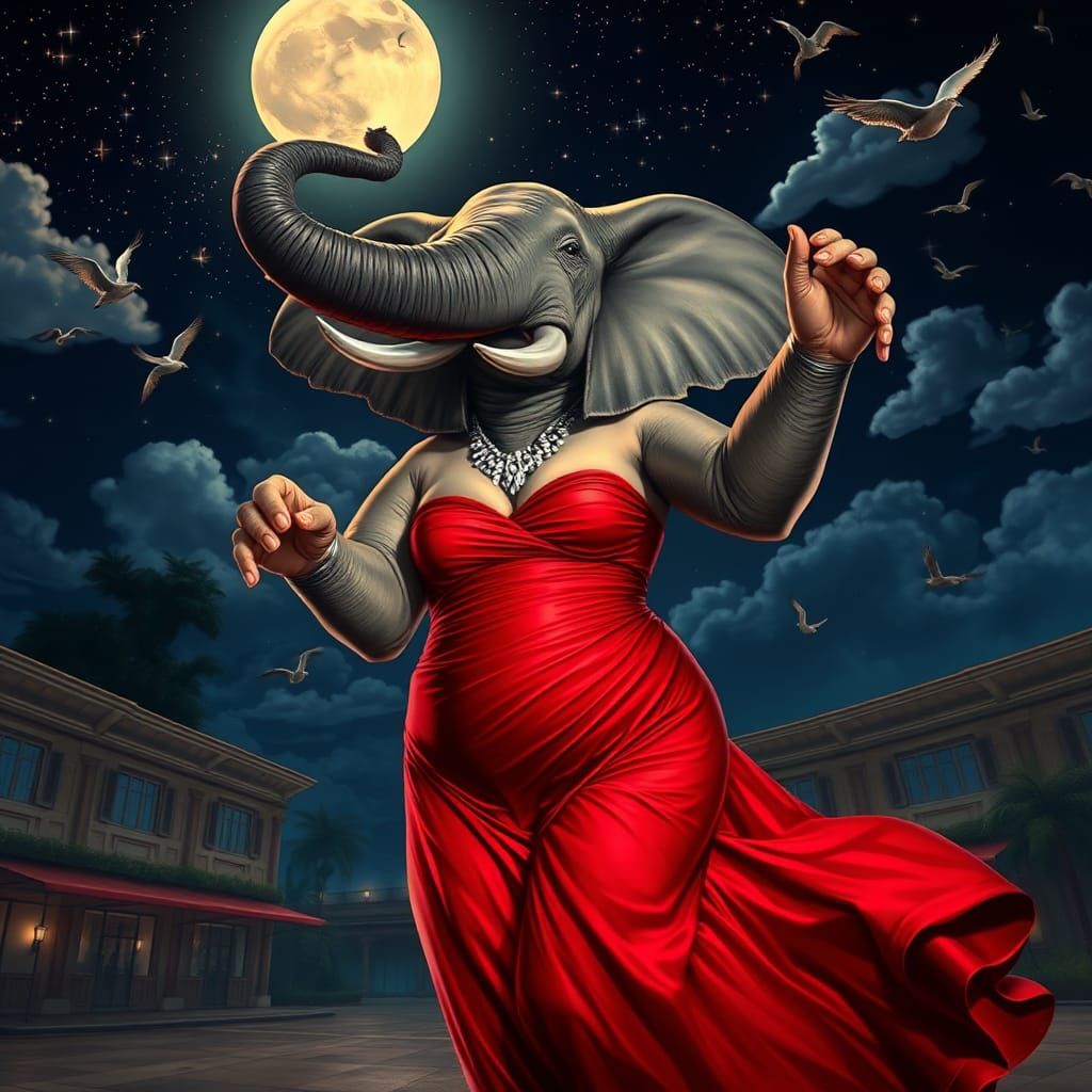 Elephant Pin-Up Dances in Moonlit Cyberpunk Scene