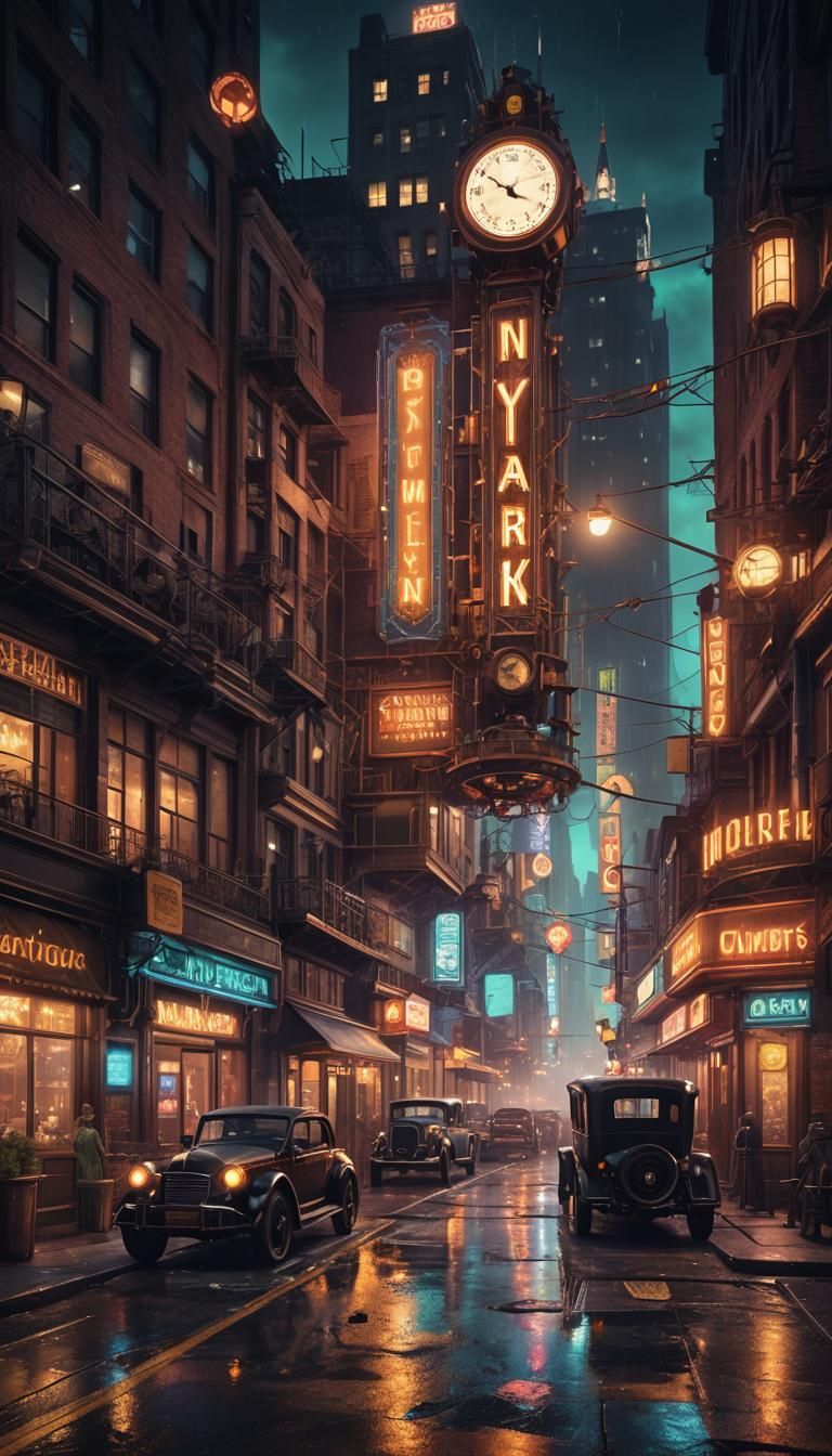 1920's New York steampunk neon lights at night, detailed mat...