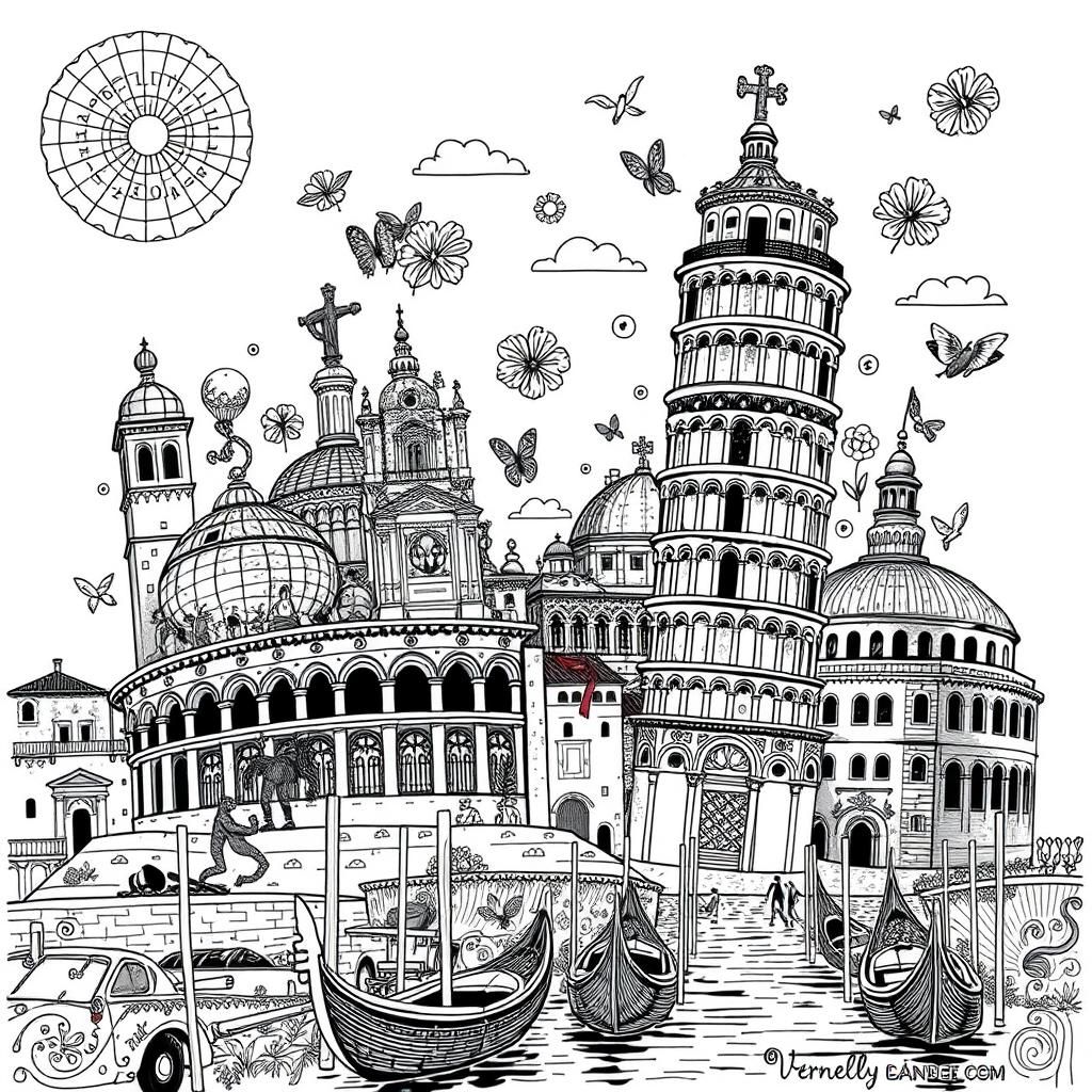 Detailed Doodle Drawing of Italy with Landmarks