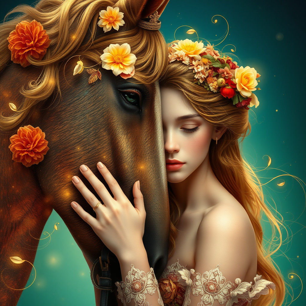 Mystical Flower Girl Portrait with Golden Accents