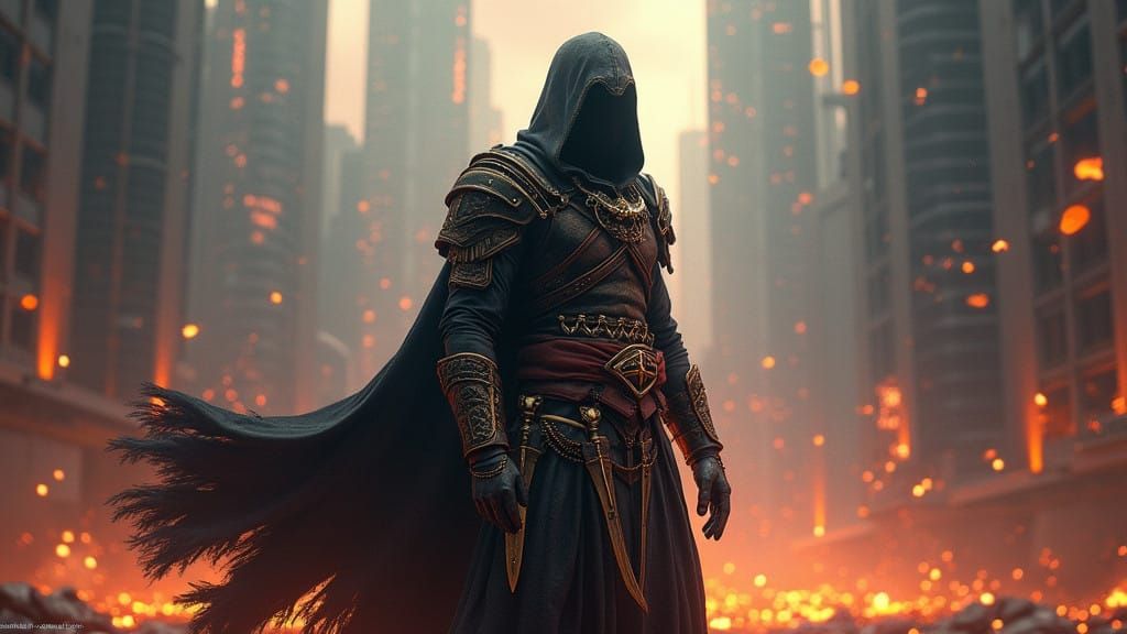 Scorpion in Assassin's Creed Armor Stands Amidst a Dystopian...