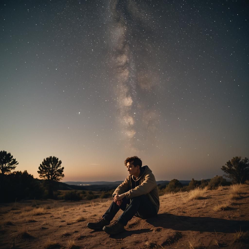 Serene Night: Young Man Contemplates Under Starry Sky