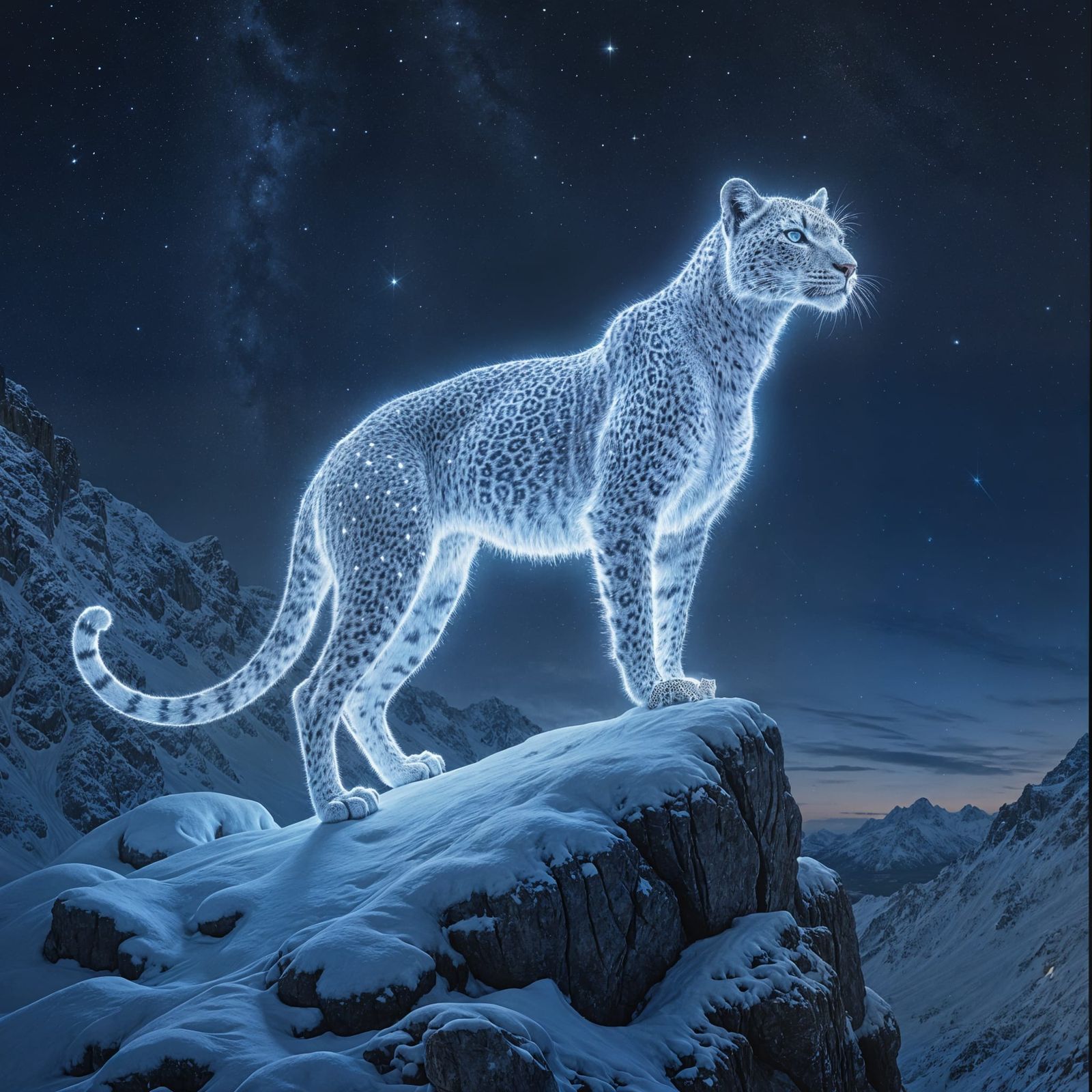 Silver Starlight Leopard on Snowy Peak