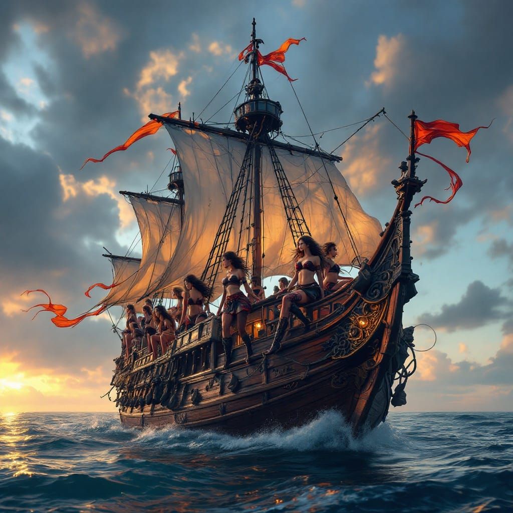 Pirate Ship Crewed by Women: Fantasy Concept Art