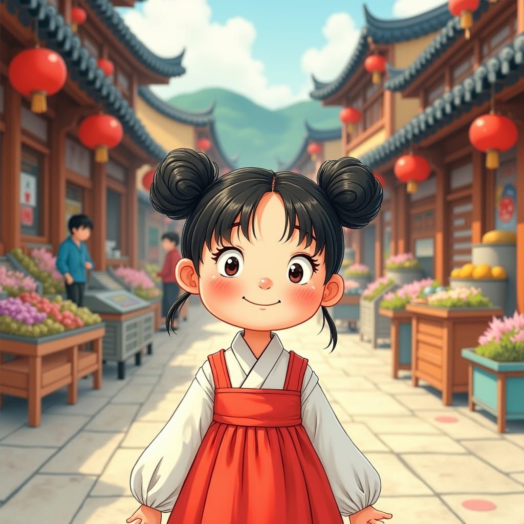 Korean Girl in Hanbok, Watercolor Style