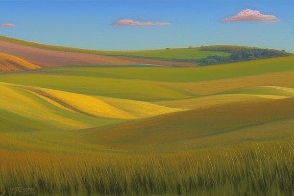 rolling green hills with tall grass and a blue sky oil painting by James Gurney