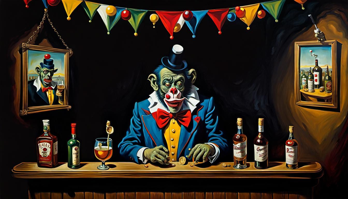 Zombie Monkey Monster Clown Alcoholic At The Bar Getting Drunk
