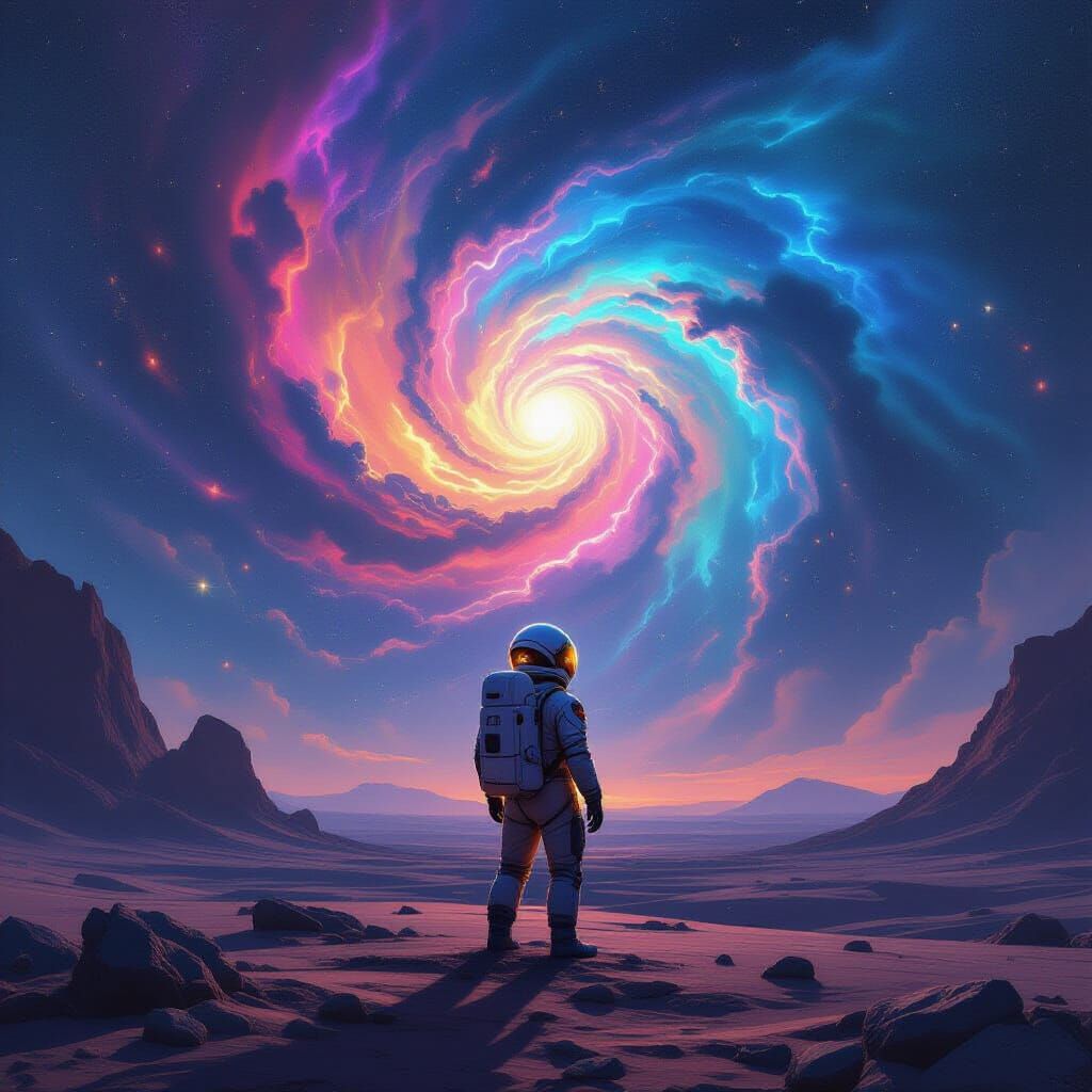 Astronaut Gazing at Nebula on Alien Planet