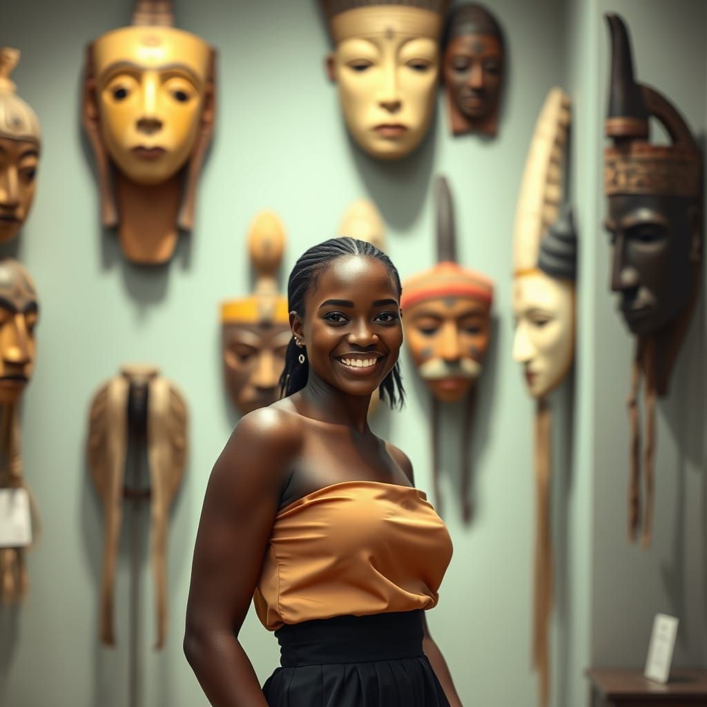Elegant Woman Poses with Nigerian Masks