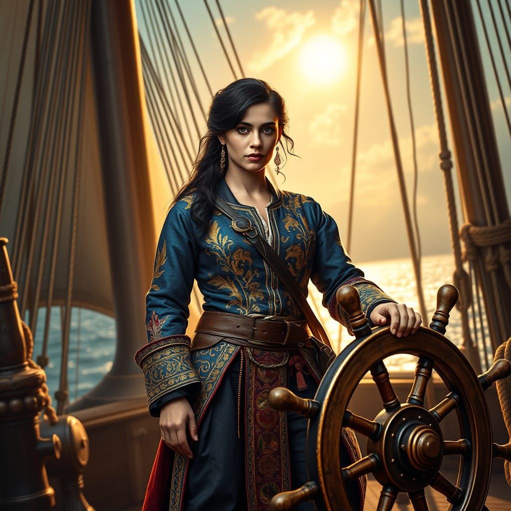 Regal Arabic Female Captain on Ship Deck
