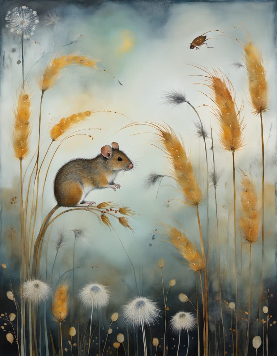 Autumn Harvest Mice in Stylised Impressionist Illustration