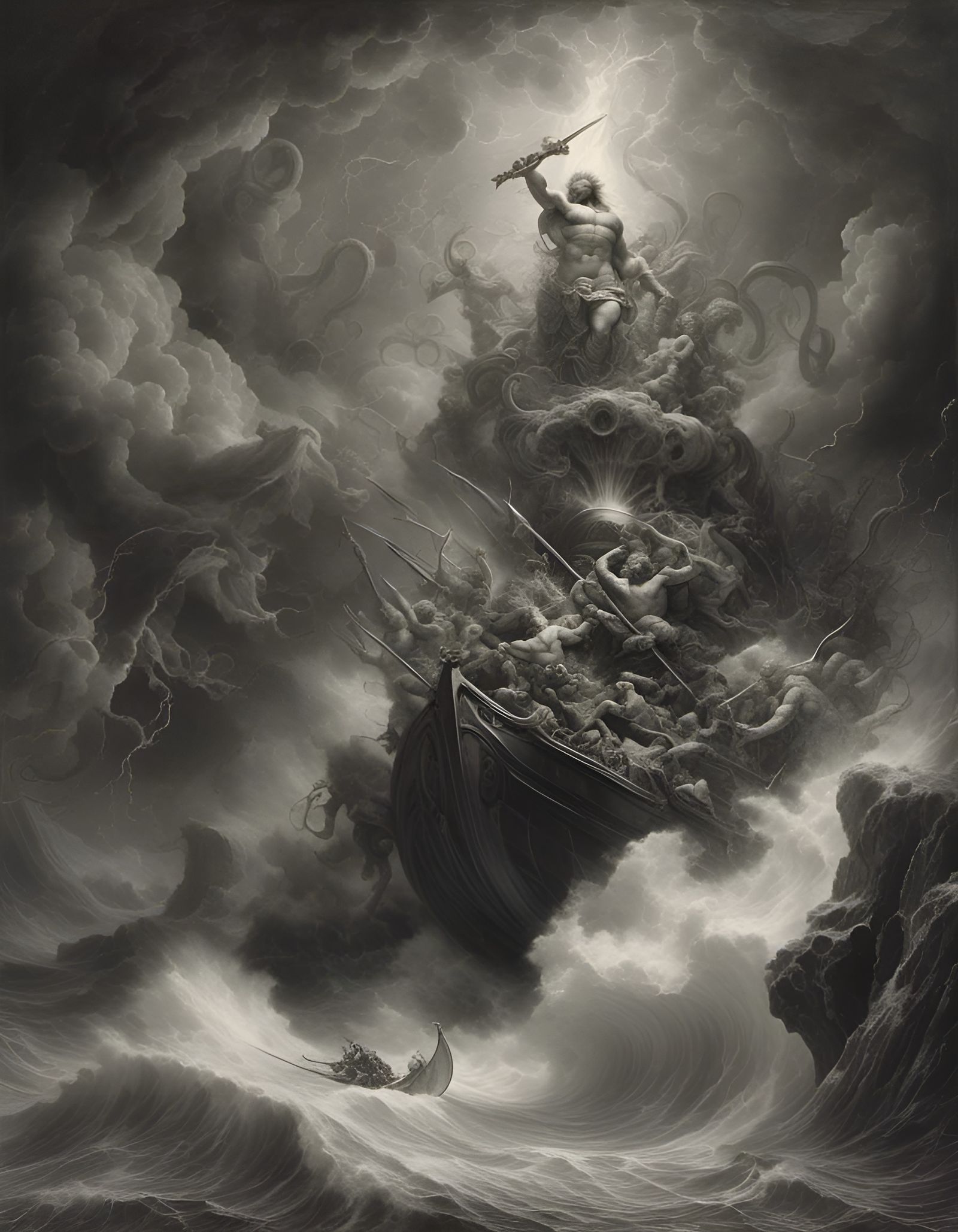 Poseidon's Epic Battle: A Hyperrealistic Pencil Drawing