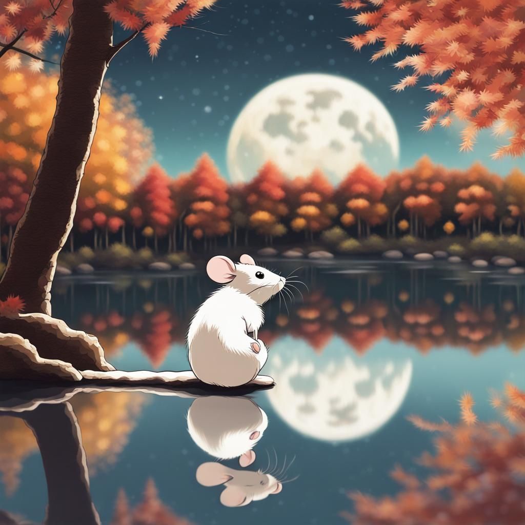 Mouse at Lake in Autumn, Ghibli Style