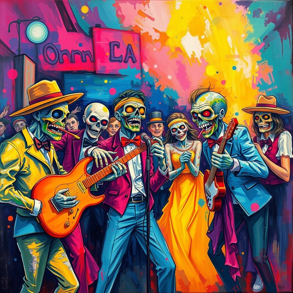 Lively Zombie Band at Vibrant Prom in Gouache Style