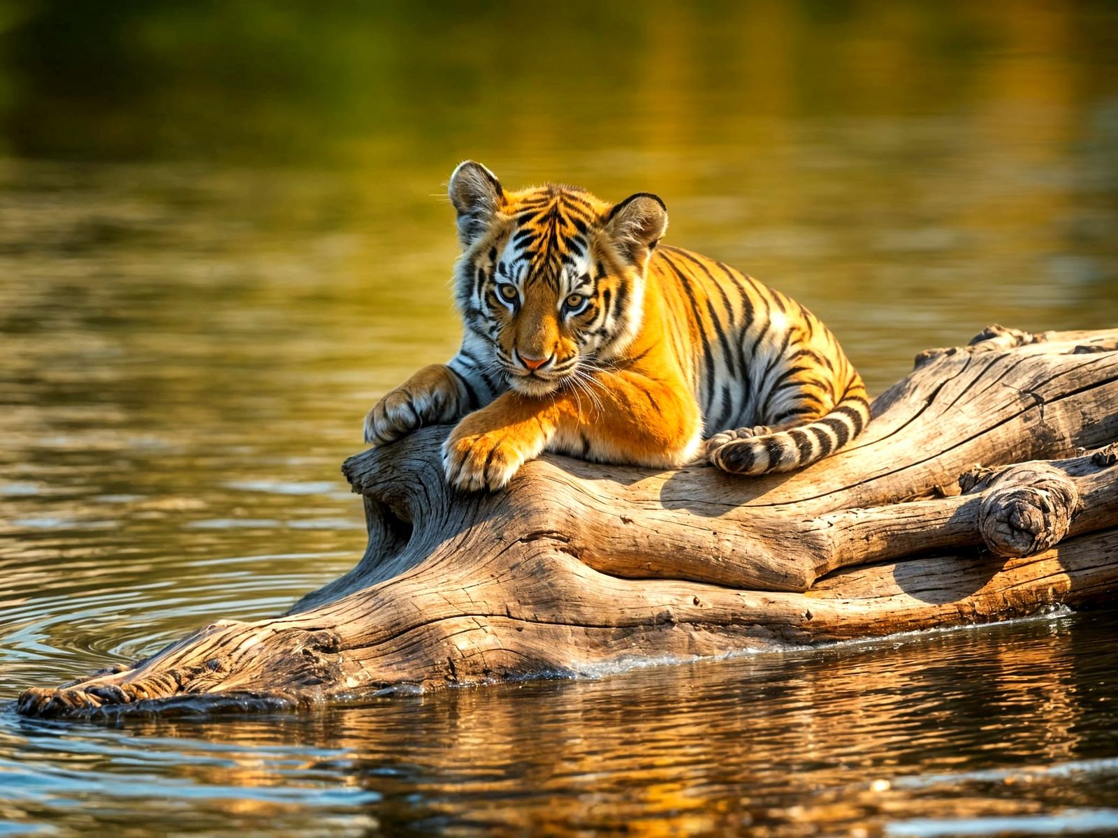 Tiger Cub Basks in Sunlit River Scene