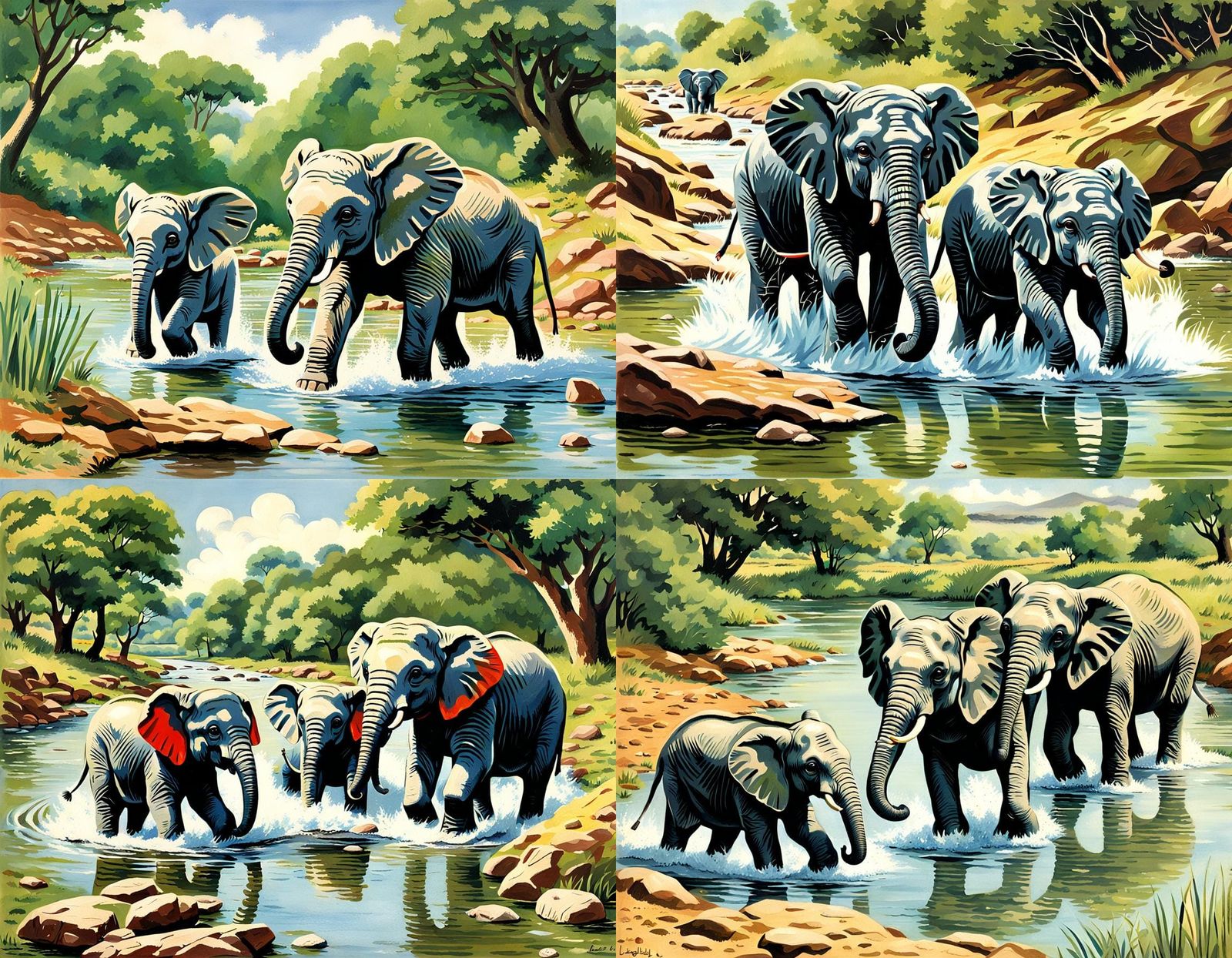Baby Elephants Playing: Ladybird Book Style Art