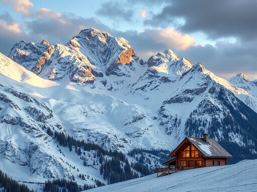 Majestic Winter Mountain Cabin Landscape