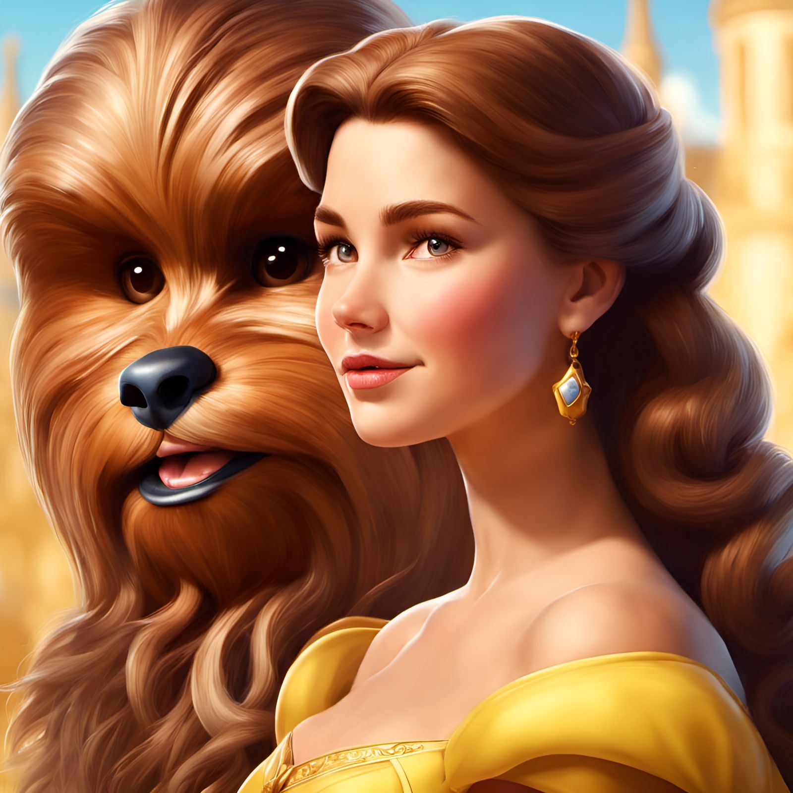 Belle and Chewbacca Portrait in Expressionist Style