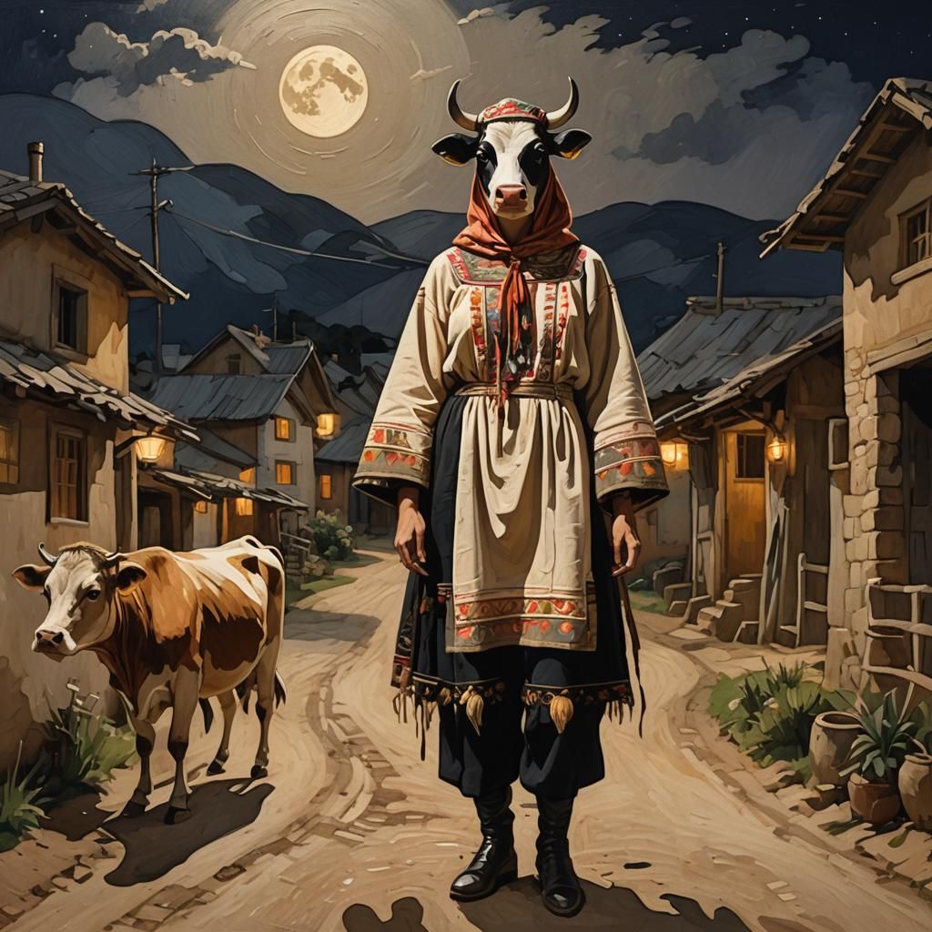 Expressionist Woman in Cow Costume at Night