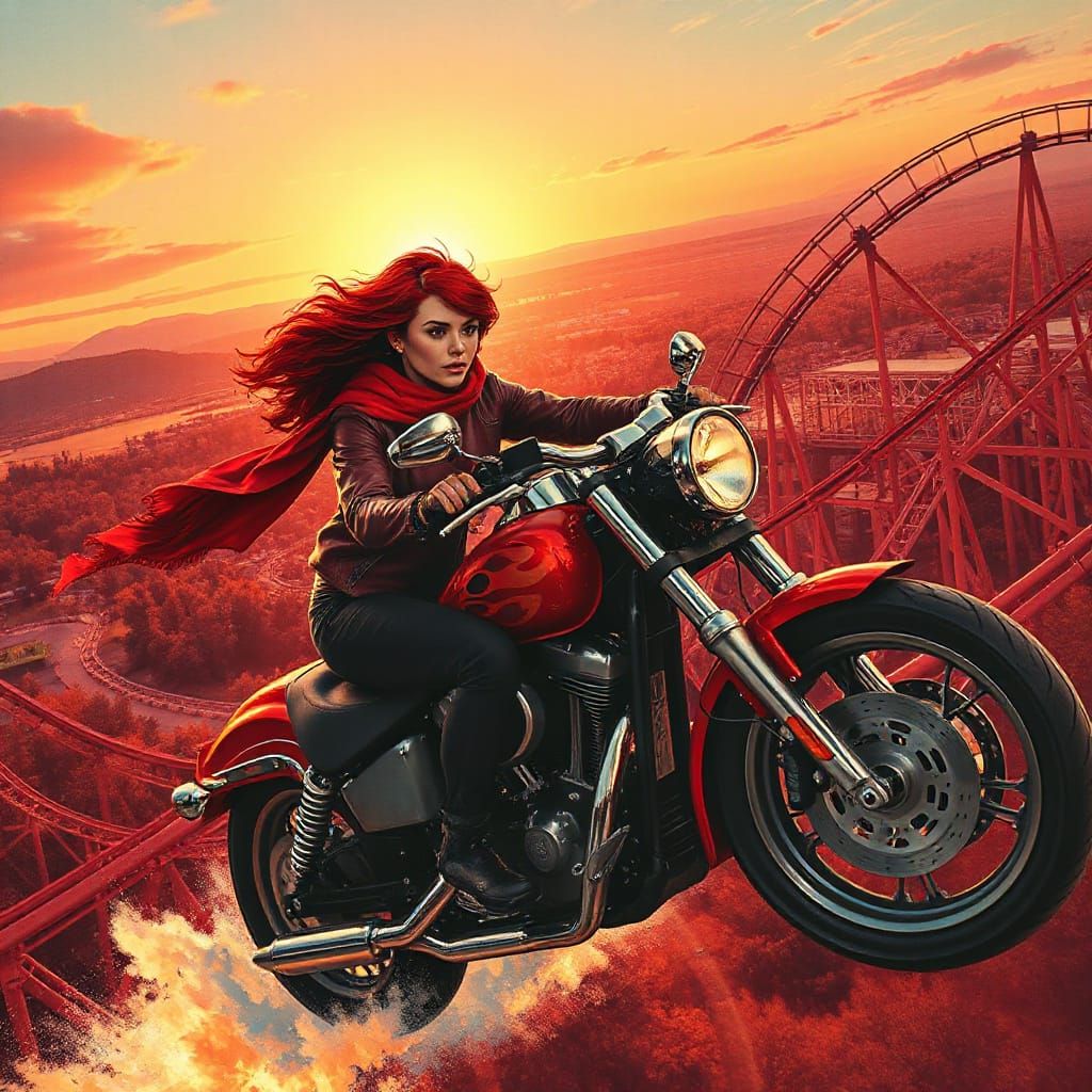 Woman on Motorcycle Ascends Roller Coaster at Sunset