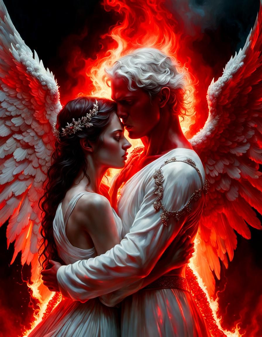 Demon and Angel Embrace in Hellfire
