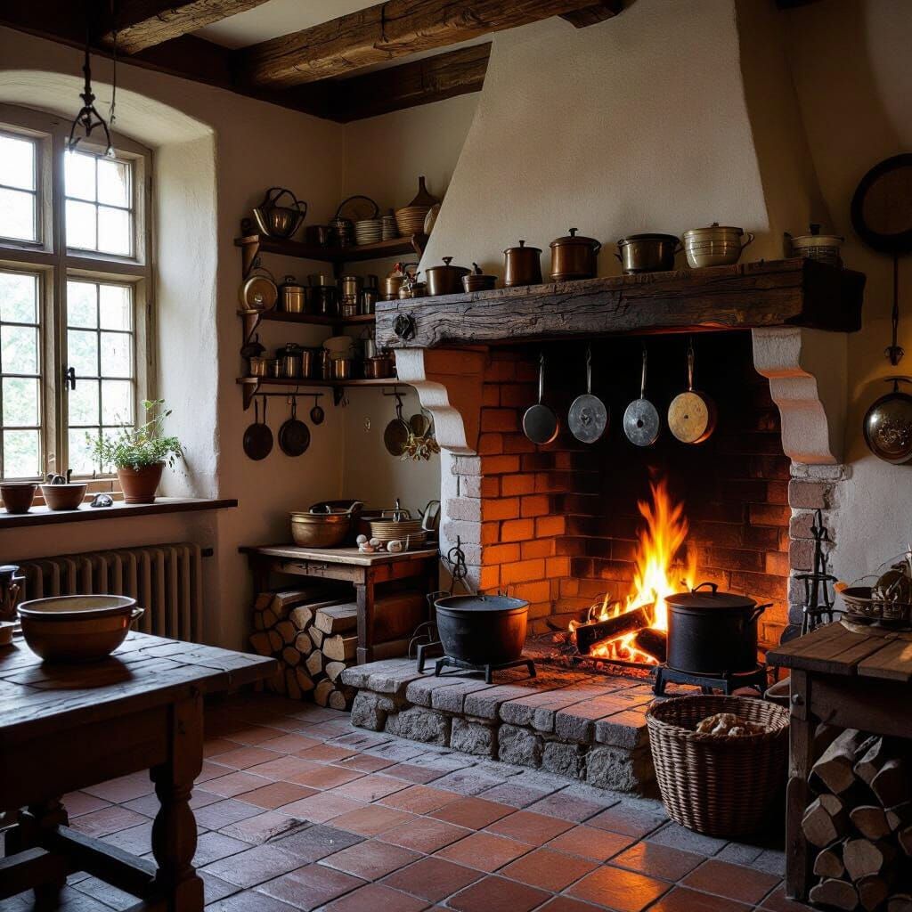 Medieval Kitchen Interior with Fireplace in Golden Light