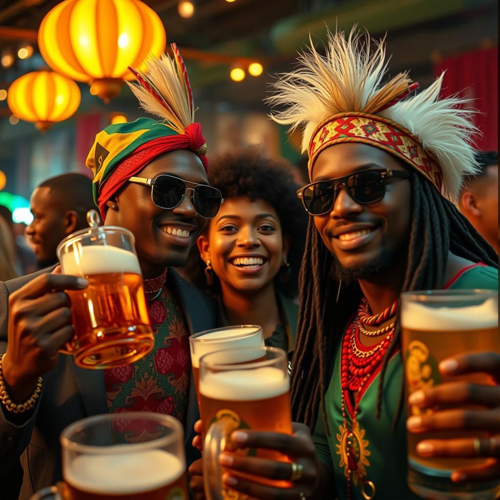 Afrofuturist Celebration with Beer Steins in Cinematic Style