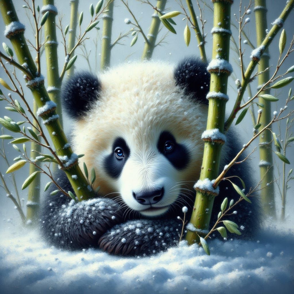 Majestic Giant Panda in Snowy Bamboo Forest