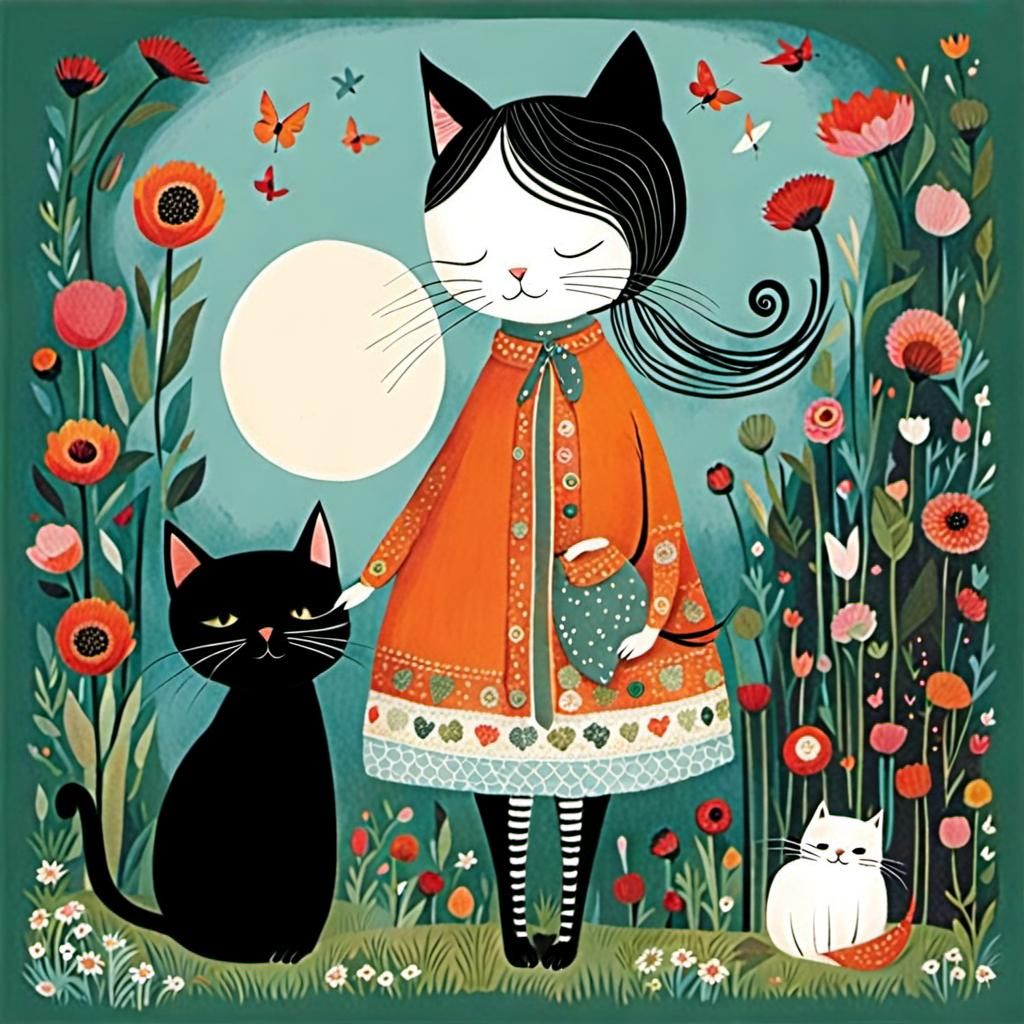 Cat and Girl in Children's Book Illustration Style
