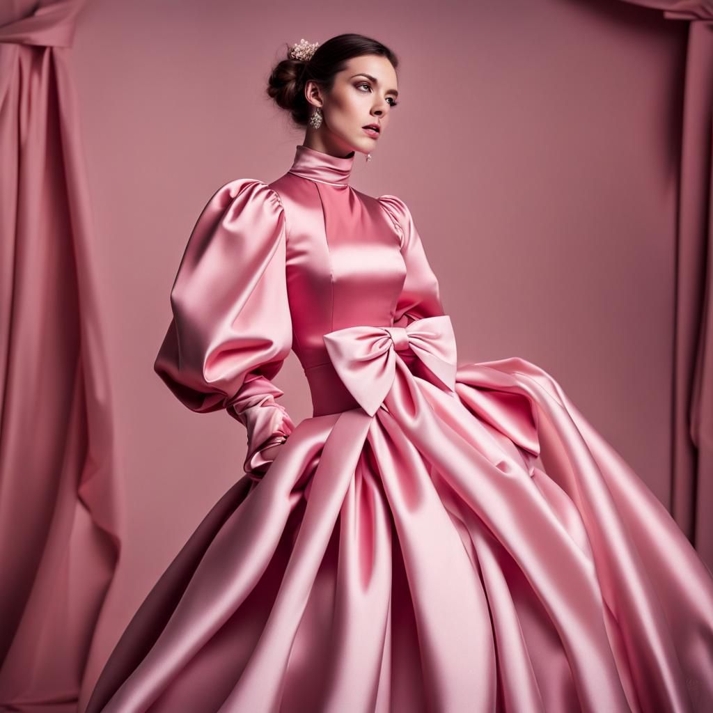 Woman in Pink Satin with Exaggerated Sleeves