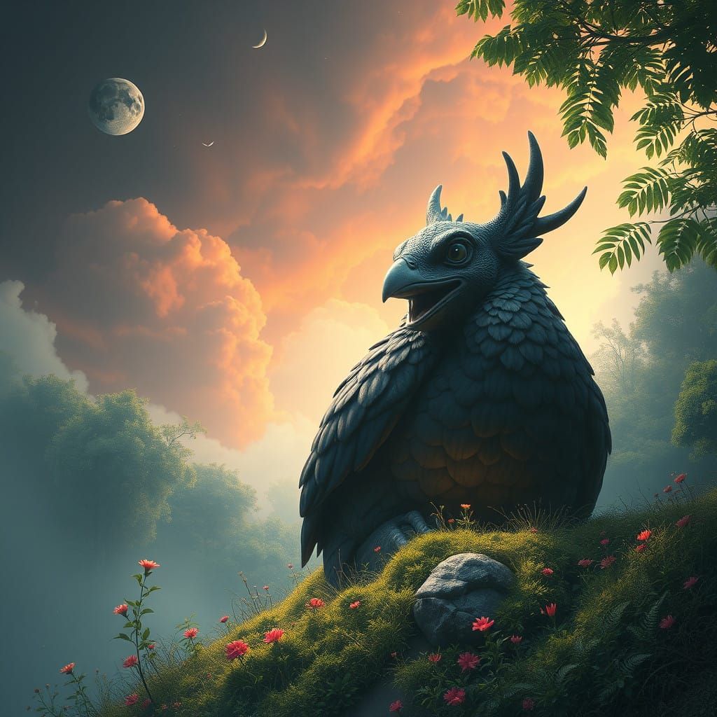 Pigeon Awakens in Enchanted Forest Amidst Breakfast Spread