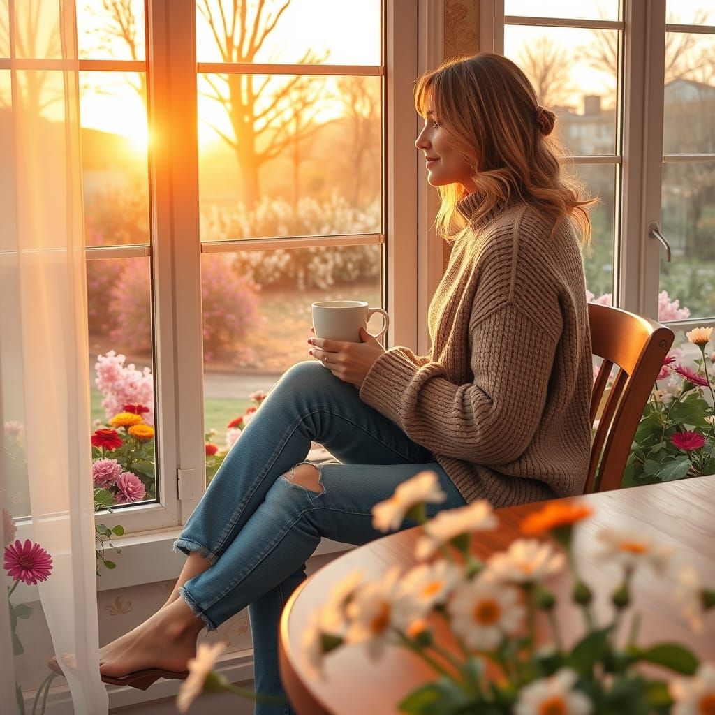 Woman Drinking Coffee in Garden, Soft Romantic Style