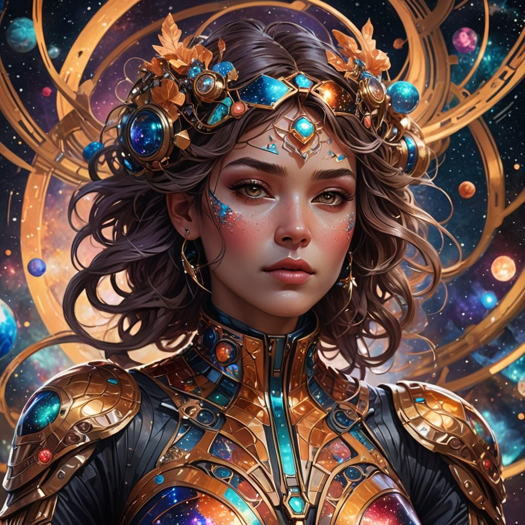Girl in Cosmic Suit: Digital Art Nouveau Portrait