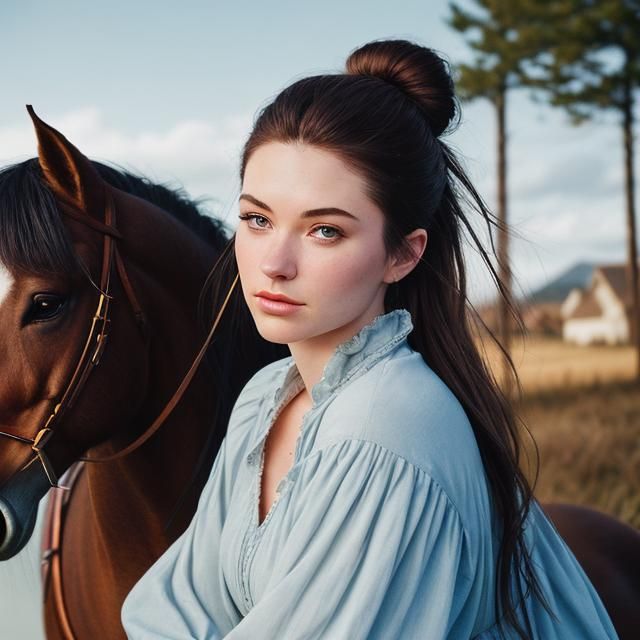 Girl on Clydesdale Horse in Cinematic Film Still
