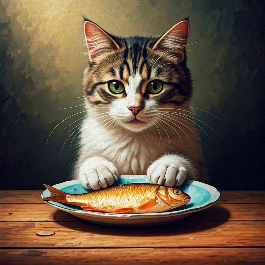 Cat Enjoying Fish: Impressionist Gouache and Watercolor