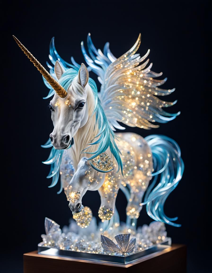 Crystal Unicorn in Cube with Fireflies